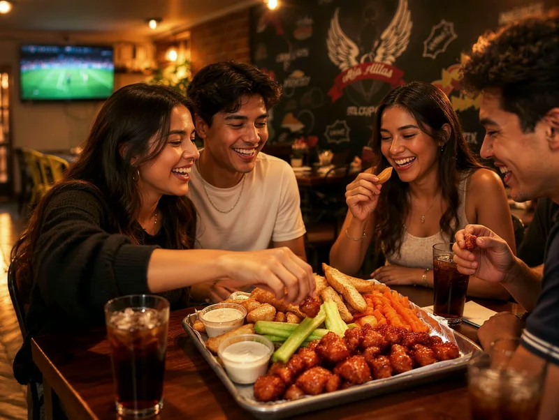 Amigos riendo y compartiendo una bandeja de boneless con papas gajo en el local de Miss Alitas